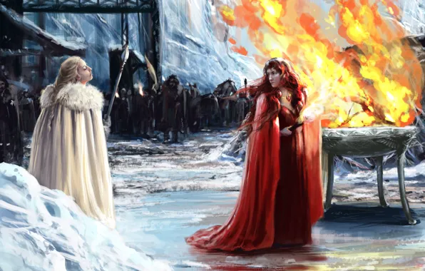 Картинка девушки, огонь, армия, факел, плащ, Game of thrones, Melisandre, Princess Val
