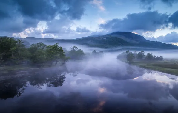 Картинка горы, туман, река, холмы, Англия, утро, England, Уэльс, Wales, Река Гласлин, Afon Glaslyn