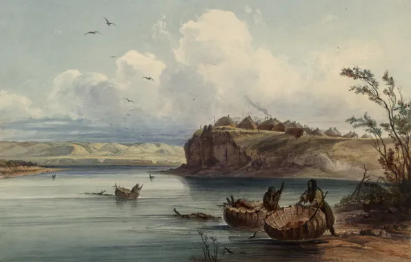 Картинка картина, живопись, painting, Karl Bodmer, Бодмер, 1843, A Mandan village