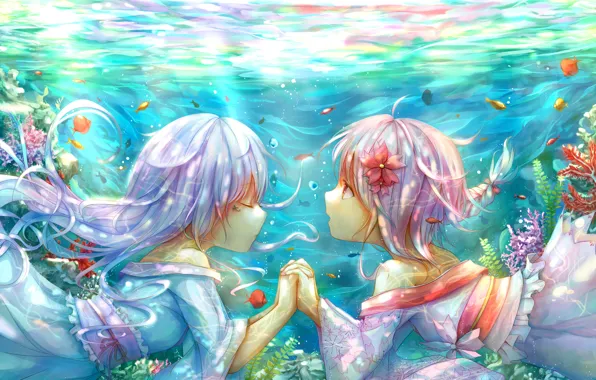 Картинка рыбки, цветы, девушки, аниме, арт, кимоно, под водой