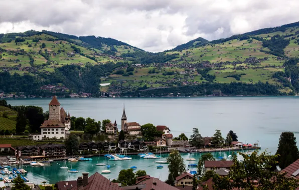 Картинка горы, озеро, поля, дома, лодки, Швейцария, Grindelwald