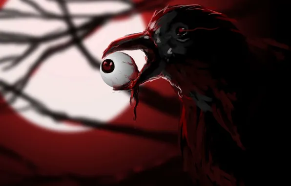 Картинка глаз, птица, кровь, арт, ворон, глазное яблоко