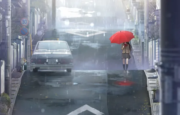 Картинка дорога, машина, красный, дождь, улица, столбы, зонт, Город, знаки, школьница, дорожные