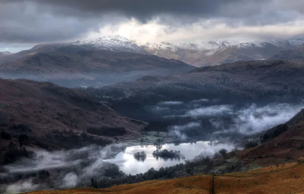 Картинка горы, туман, озеро, Англия, Cumbria, South Lakeland, South Lakeland District