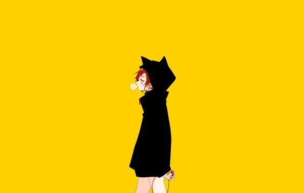 Картинка девушка, минимализм, капюшон, пузырь, плащ, желтый фон, жвачка, кошачьи уши