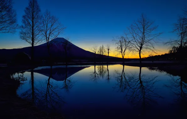 Картинка небо, деревья, озеро, вечер, Япония, силуэт, зарево, гора Фудзияма