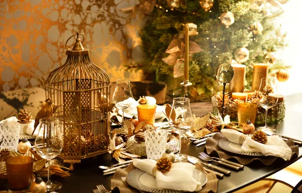 Картинка украшения, стол, шары, свечи, Новый Год, Рождество, holidays, Christmas, balls, праздники, New Year, candles, table, …