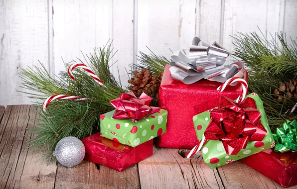 Картинка шарики, ленты, стол, игрушки, ветка, Новый Год, Рождество, подарки, Christmas, шишки, сосна, коробки, New Year, …