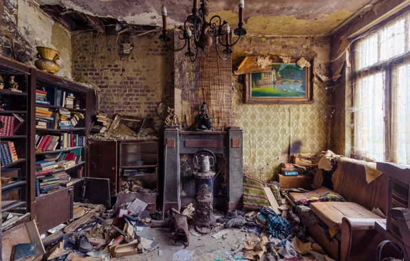 Картинка window, living room, sofa, sunlight, fireplace, books, abandoned, chandelier, decay