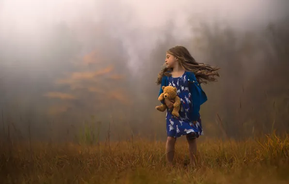Картинка осень, ветер, волосы, игрушка, мишка, девочка