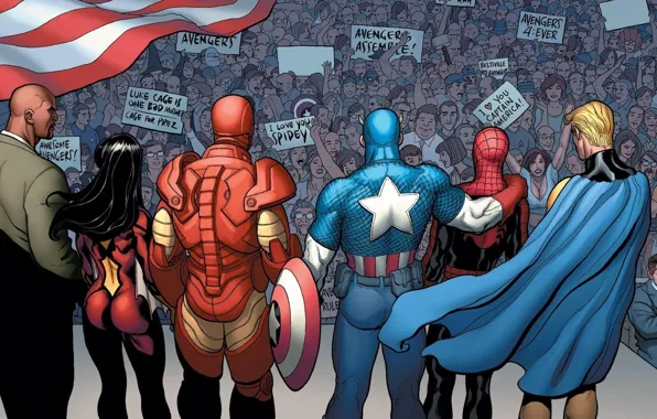 Картинка толпа, Iron Man, Captain America, Marvel Comics, Spider-Man, Spider-Woman, Sentry, Luke Cage