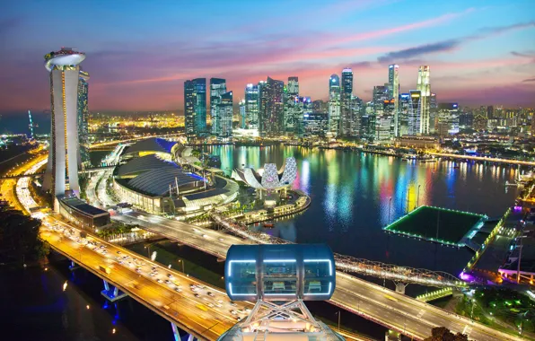 Картинка дорога, ночь, огни, Сингапур, отель, мегаполис, Singapore, Marina Bay Sands