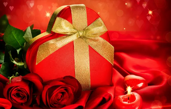 Картинка цветы, коробка, подарок, сердце, розы, свеча, конфеты, День Святого Валентина