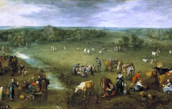 Картинка животные, пейзаж, дом, ручей, люди, картина, Ян Брейгель старший, Жизнь Фламандской Деревни
