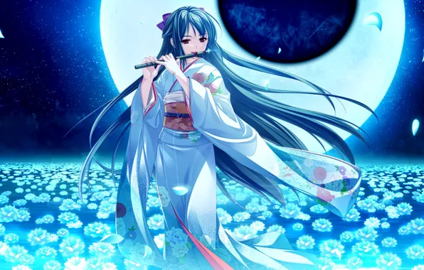 Картинка девушка, цветы, ночь, луна, кимоно, флейта, музыкальный инструмент, tsukumo no kanade