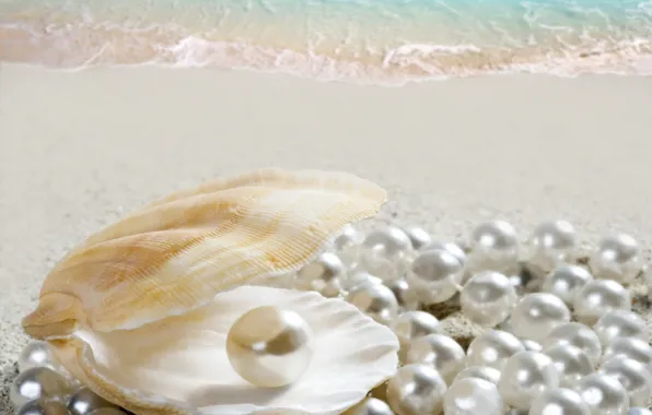 Картинка песок, море, пляж, ракушка, beach, sea, sand, shore, seashell, жемчужина, perl
