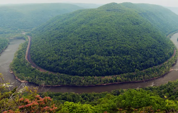 Картинка лес, горы, река, железная дорога, дымка, США, вид сверху, West Virginia
