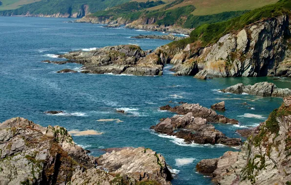Картинка море, камни, скалы, побережье, Англия, Devon, Mothecombe