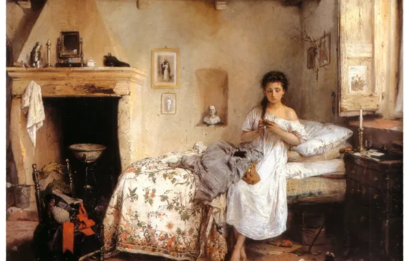Картинка Bed, Wallpaper, Chair, White Dress, Window, Fireplace, Sad Woman