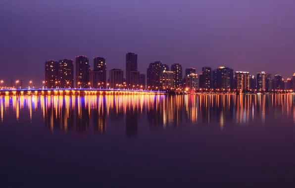 Картинка lights, China, Shanghai, skyline, bridge, water, night, colour, reflection, violet, Jiangsu