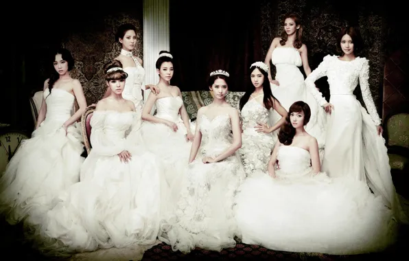 Картинка девушки, позирование, белые, невеста, азиатки, платья, SNSD, Girls Generation