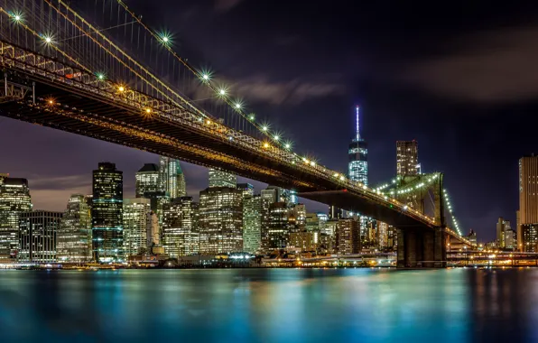 Картинка мост, город, огни, река, Нью-Йорк, вечер, США