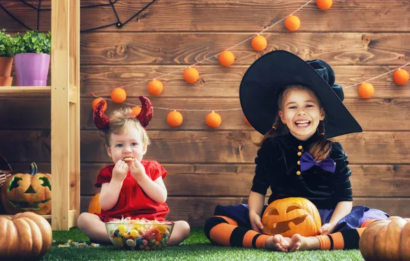 Картинка праздник, девочки, ребенок, шляпа, конфеты, Halloween, тыква, Хэллоуин, Pumpkin, child, candies, little girl
