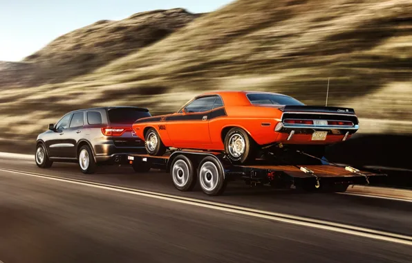 Картинка дорога, фон, Додж, Dodge, Challenger, вид сзади, 1970, 340, and, Muscle car, Мускул кар, Durango, …
