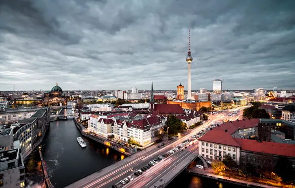 Картинка lights, twilight, river, bridge, Germany, dusk, traffic, Berlin, blue hour, cityscape, cloudy, Fernsehturm, urban scene