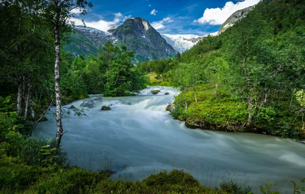 Картинка небо, облака, деревья, горы, Норвегия, речка, Norway, Meltwater