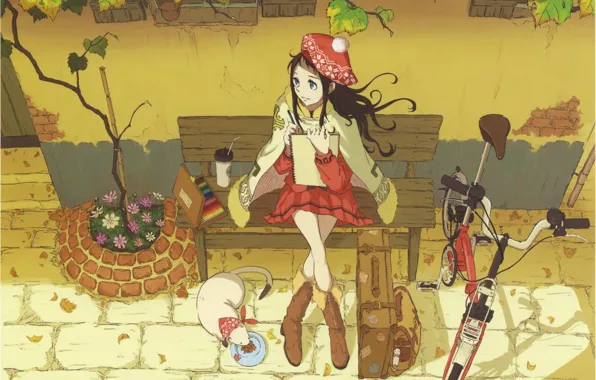 Картинка кошка, цветы, скамейка, велосипед, карандаши, альбом, Девочка, горшок, чемодан, берет