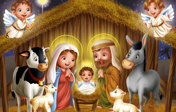 Картинка ночь, звезда, овцы, ребенок, корова, ангелы, арт, сено, овечки, осел, рождество христово, ягненок, колыбель