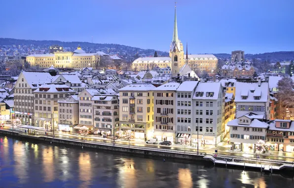 Картинка зима, небо, снег, горы, огни, река, дома, вечер, Швейцария, Цюрих