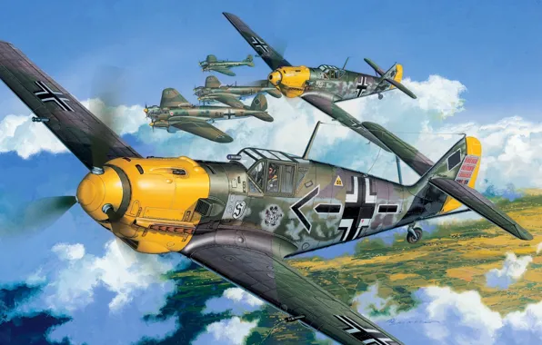 Картинка самолет, рисунок, вторая мировая, Ме-109, Luftwaffe, люфтваффе, мессершмитт, мesserschmitt, Bf -109 Е-4, Geschwaderkommodore, 26-я истребительная …