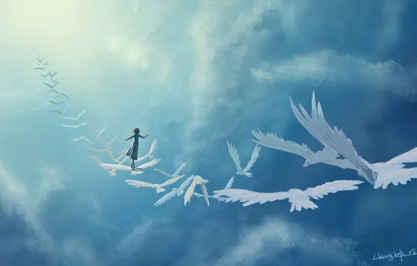 Картинка девушка, облака, птицы, фантазия, арт, в небе