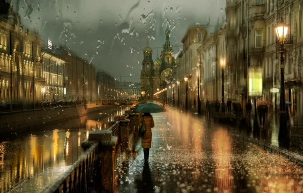 Картинка девушка, город, огни, дождь, вечер, канал, Санкт Петербург