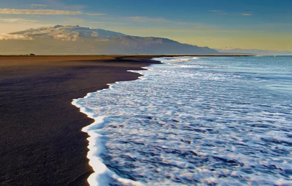 Картинка море, пляж, горы, Исландия, черный песок