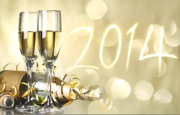 Картинка праздник, бутылка, новый год, бокалы, цифры, шампанское, серпантин, боке, 2014