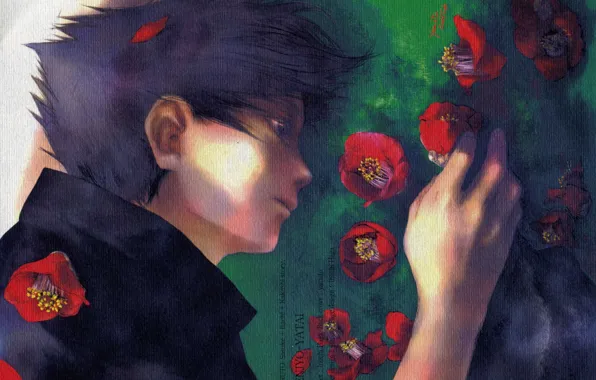 Картинка грусть, рука, art, на траве, Sasuke Uchiha, в профиль, Naruto Shippuden, Yamato, красные камелии