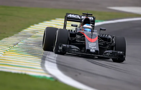 Картинка McLaren, Поворот, Formula 1, Fernando Alonso, Поребрик