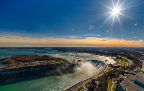 Картинка солнце, река, Канада, панорама, Онтарио, Ниагарский водопад