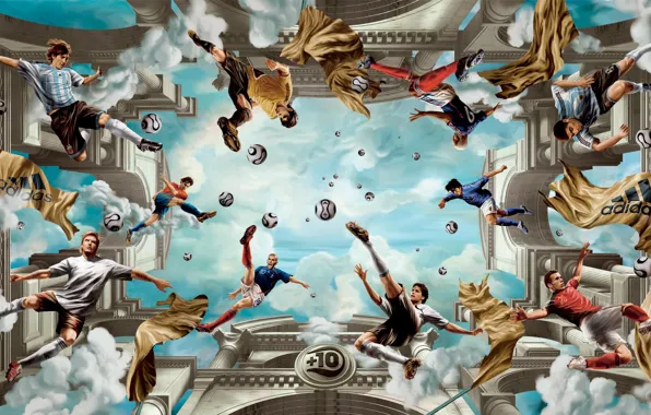 Картинка футбол, мячи, beckham, adidas, zidane, football, messi, kaka, ballack, облака. небо, cisse djibril