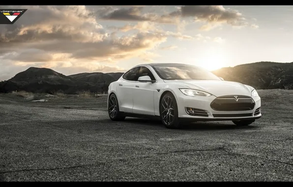 Картинка закат, горы, Tesla, model S