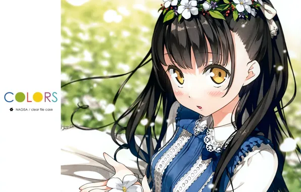 Картинка цветы, платье, девочка, венок, кружево, большие глаза, by kantoku