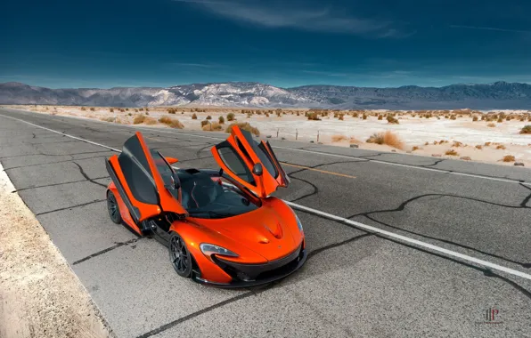Картинка McLaren, Orange, Front, Hybrid, Death, Sand, Supercar, Valley, Hypercar, Exotic, Volcano, Doors