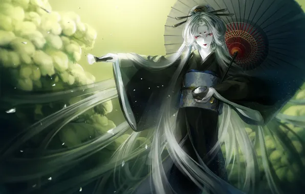 Картинка ритуал, зонт, демон, кимоно, длинные волосы, гортензия, ёкай