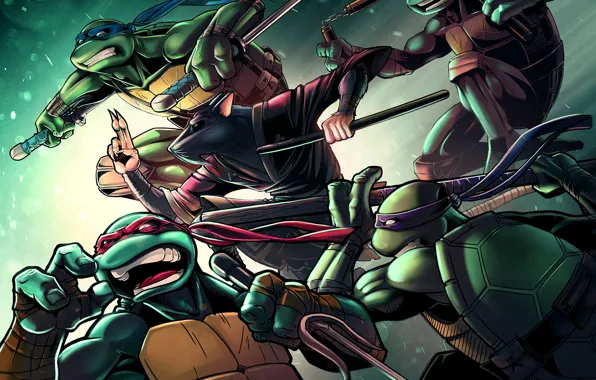 Картинка черепаха, крыса, tmnt, мутант, Raphael, Leonardo, Donatello, Splinter, Teenage Mutant Ninja Turtles, Michelangelo