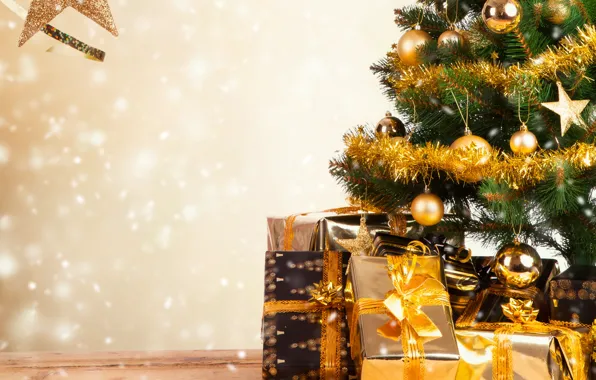 Картинка праздник, обои, игрушки, елка, подарки, Новый год, мишура, коробки, New Year
