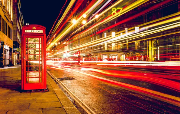 Картинка ночь, огни, улица, Англия, Лондон, выдержка, телефон, телефонная будка, длинная, London, England, telephone