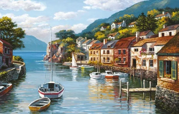 Картинка море, город, картина, лодки, живопись, painting, Sung Kim